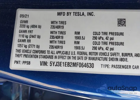2021 Tesla Model 3 Long Range Dual Motor All-Wheel Drive из США, поврежденный, VIN 5YJ3E1EB2MF064630